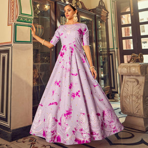 Light Purple Digital Printed With Sequins Embroidered Cotton Blend Gown