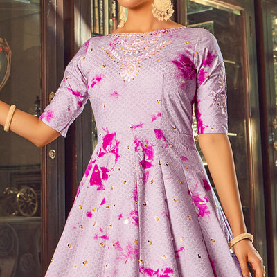 Light Purple Digital Printed With Sequins Embroidered Cotton Blend Gown