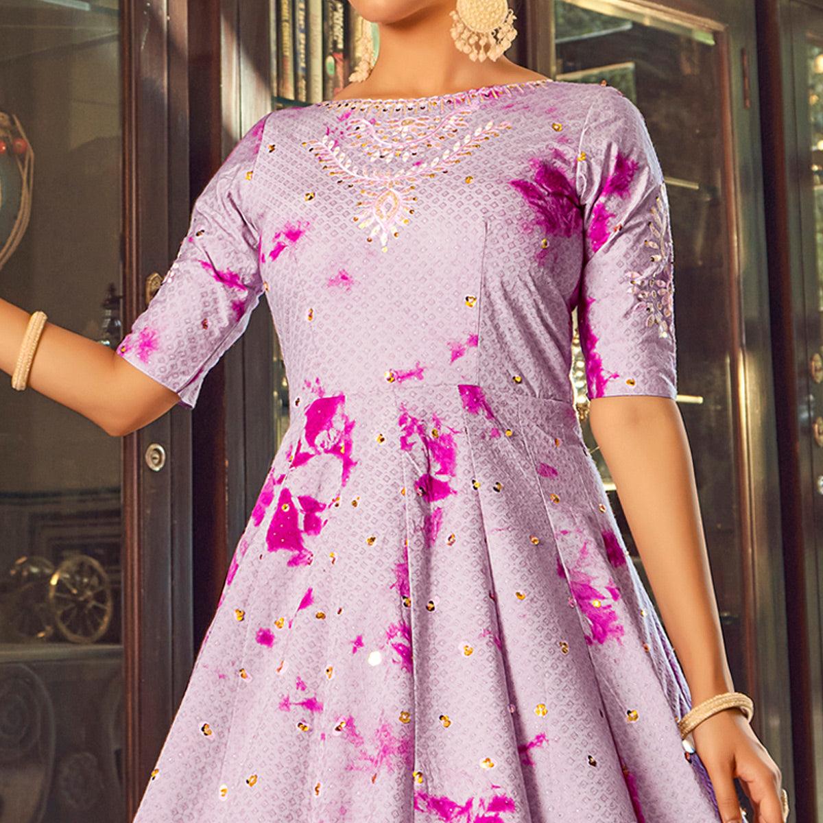 Light Purple Digital Printed With Sequins Embroidered Cotton Blend Gown