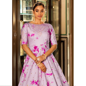 Light Purple Digital Printed With Sequins Embroidered Cotton Blend Gown