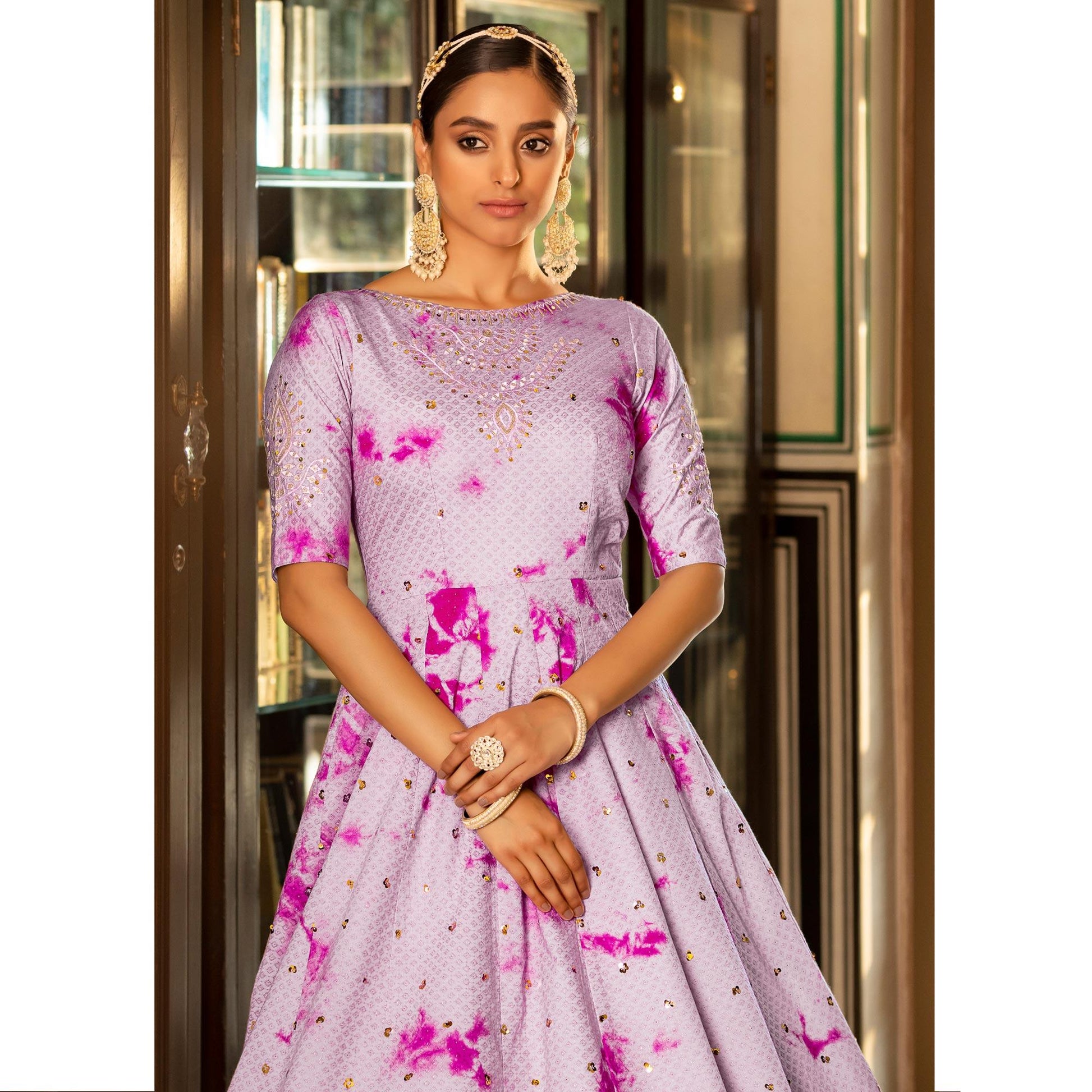 Light Purple Digital Printed With Sequins Embroidered Cotton Blend Gown