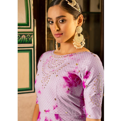 Light Purple Digital Printed With Sequins Embroidered Cotton Blend Gown