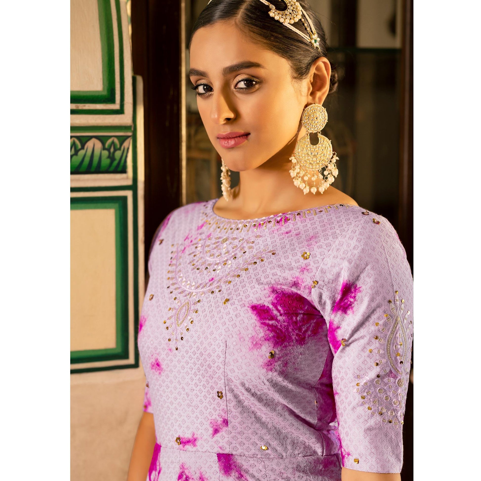 Light Purple Digital Printed With Sequins Embroidered Cotton Blend Gown
