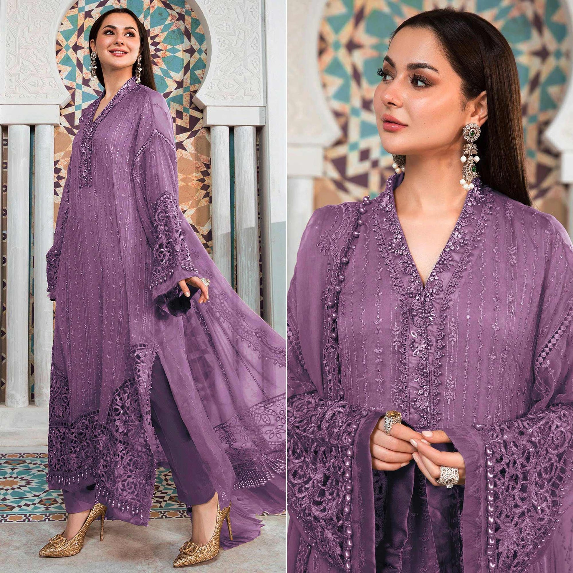 Light Purple Embellished With Embroidered Georgette Pakistani Suit