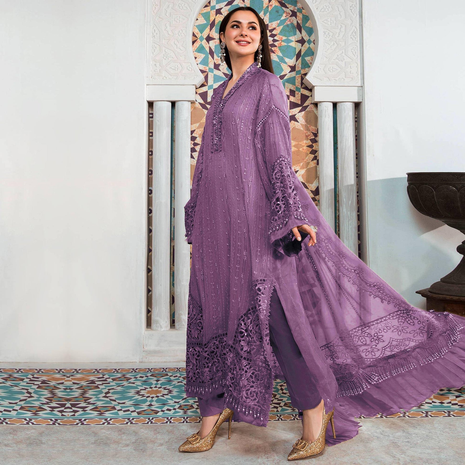 Light Purple Embellished With Embroidered Georgette Pakistani Suit