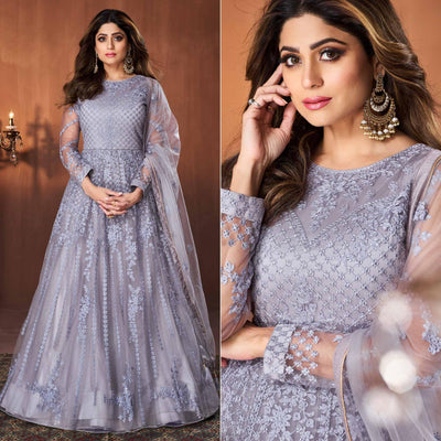 Light Purple Embroidered Netted Anarkali Style Gown
