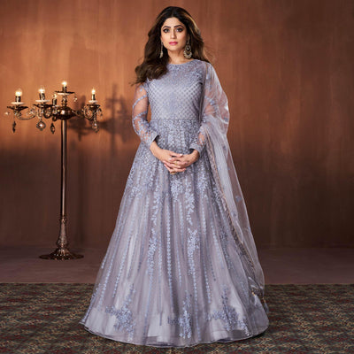 Light Purple Embroidered Netted Anarkali Style Gown