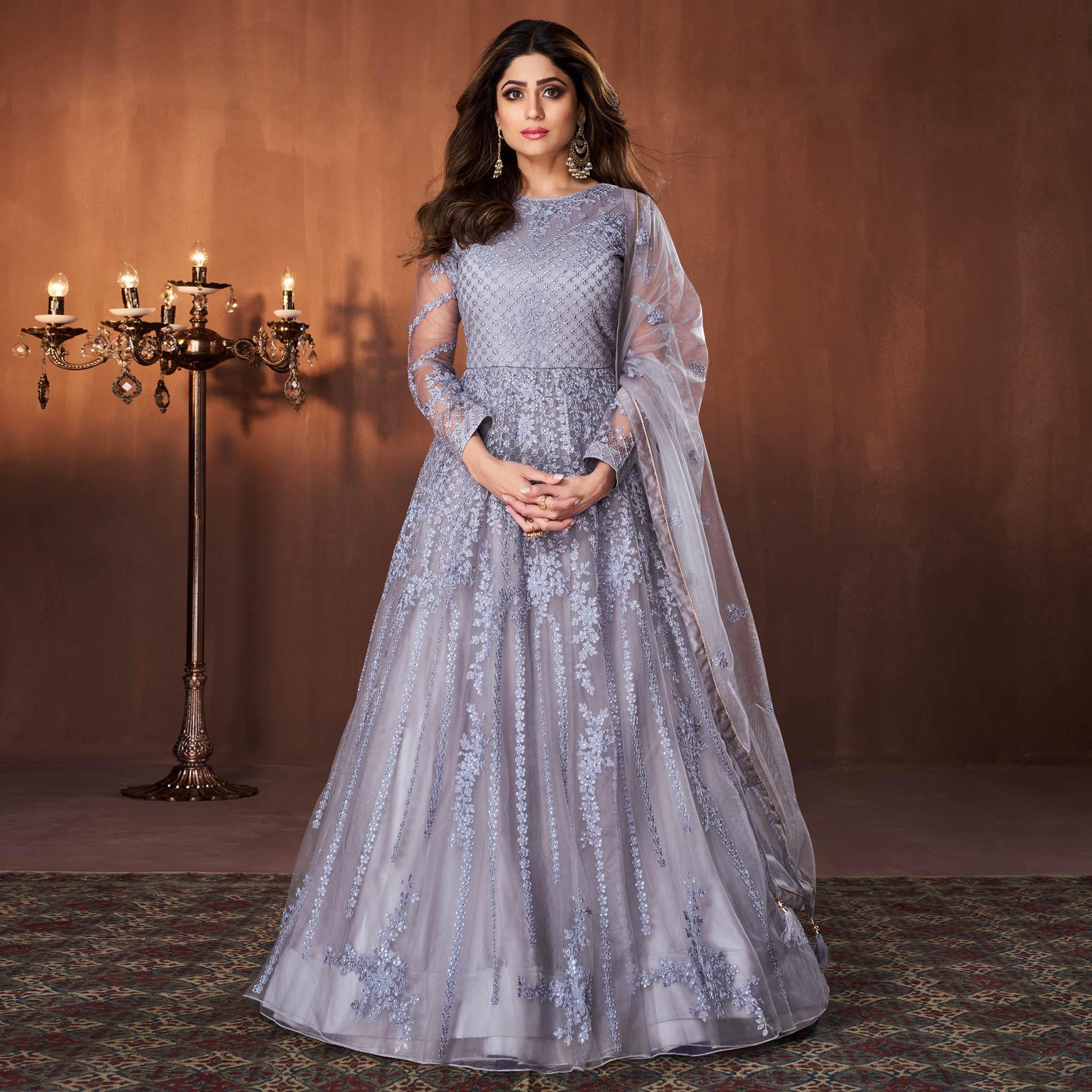 Light Purple Embroidered Netted Anarkali Style Gown