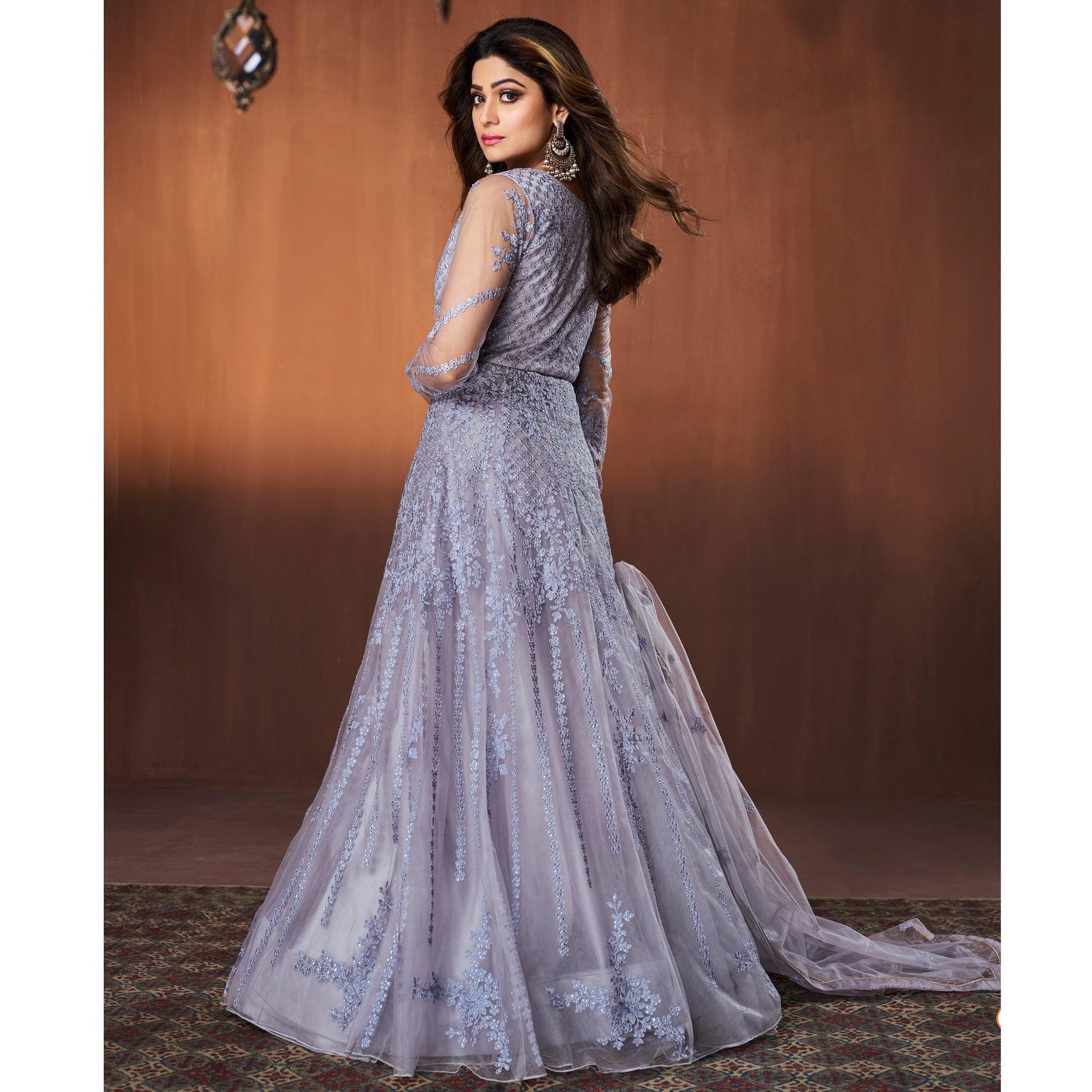 Light Purple Embroidered Netted Anarkali Style Gown