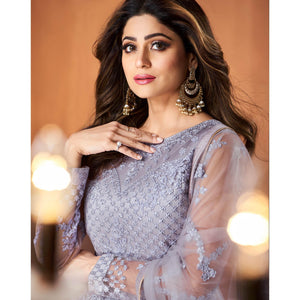 Light Purple Embroidered Netted Anarkali Style Gown