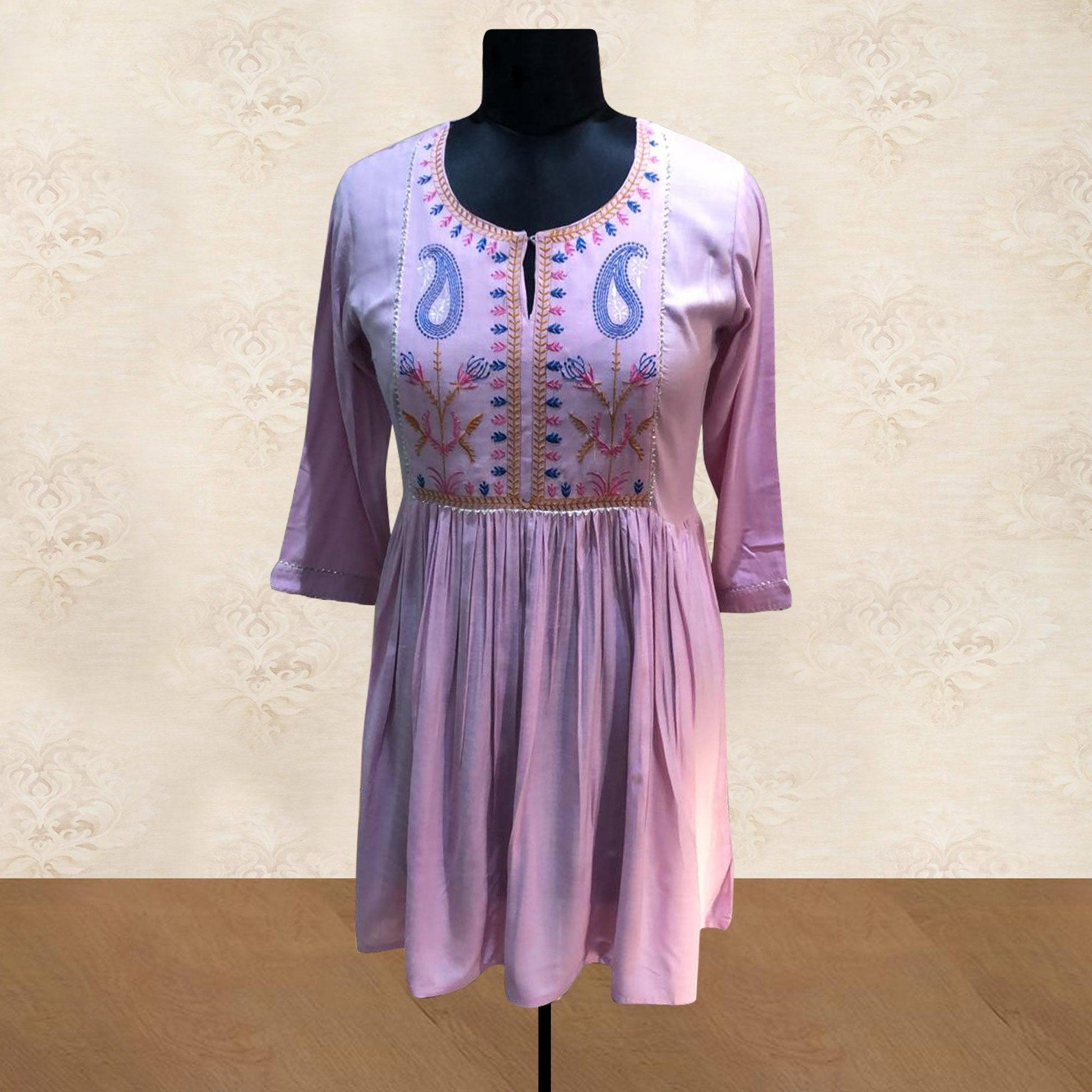 Light Purple Embroidered Pure Cotton Short Kurti