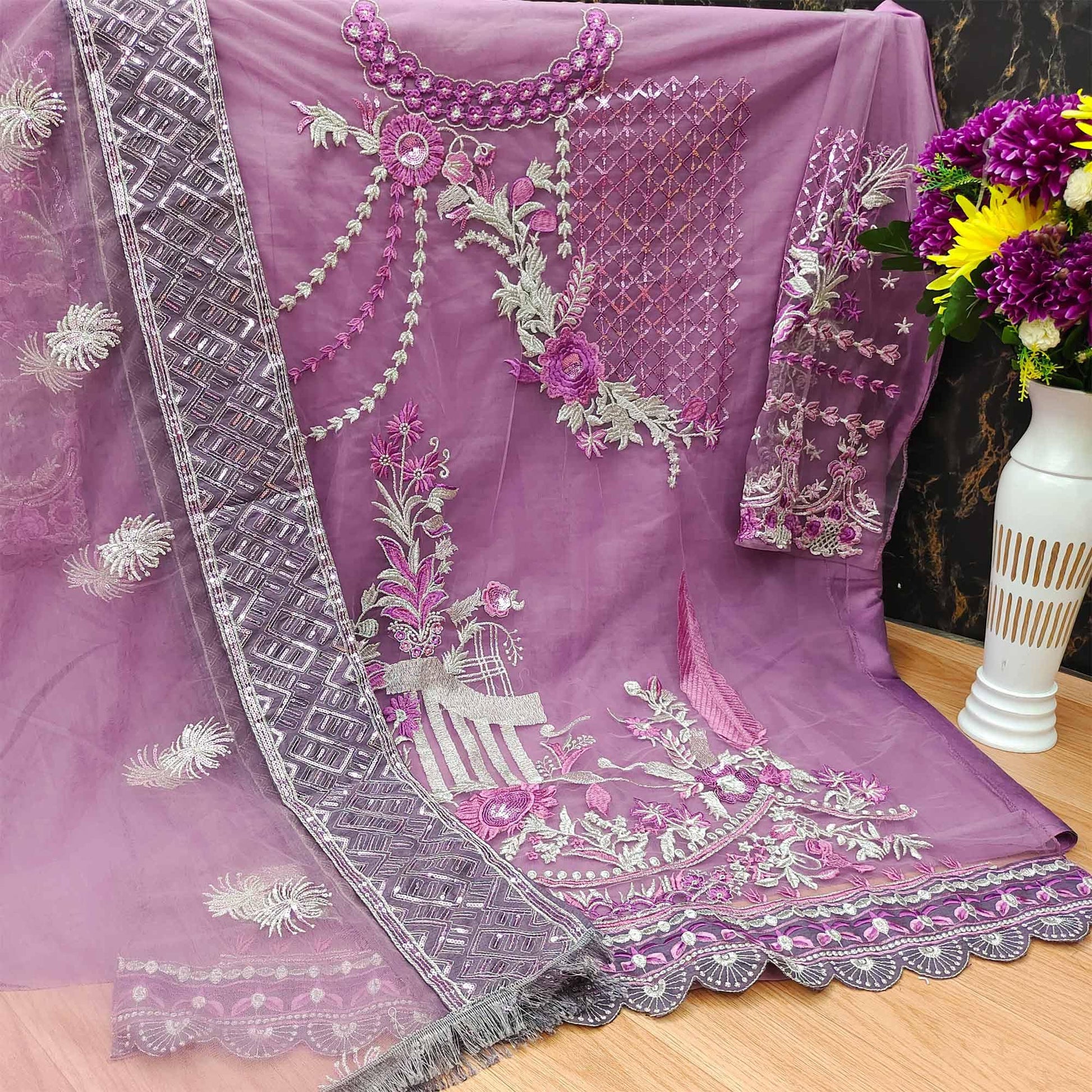 Light Purple Embroidered With Embellished Net Pakistani Suit