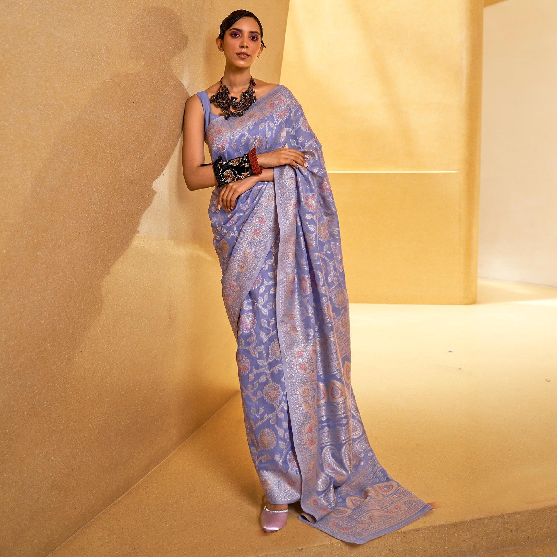 Light Purple Floral Woven Art Silk Saree