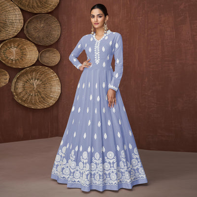 Light Purple Lucknowi Embroidered Rayon Gown