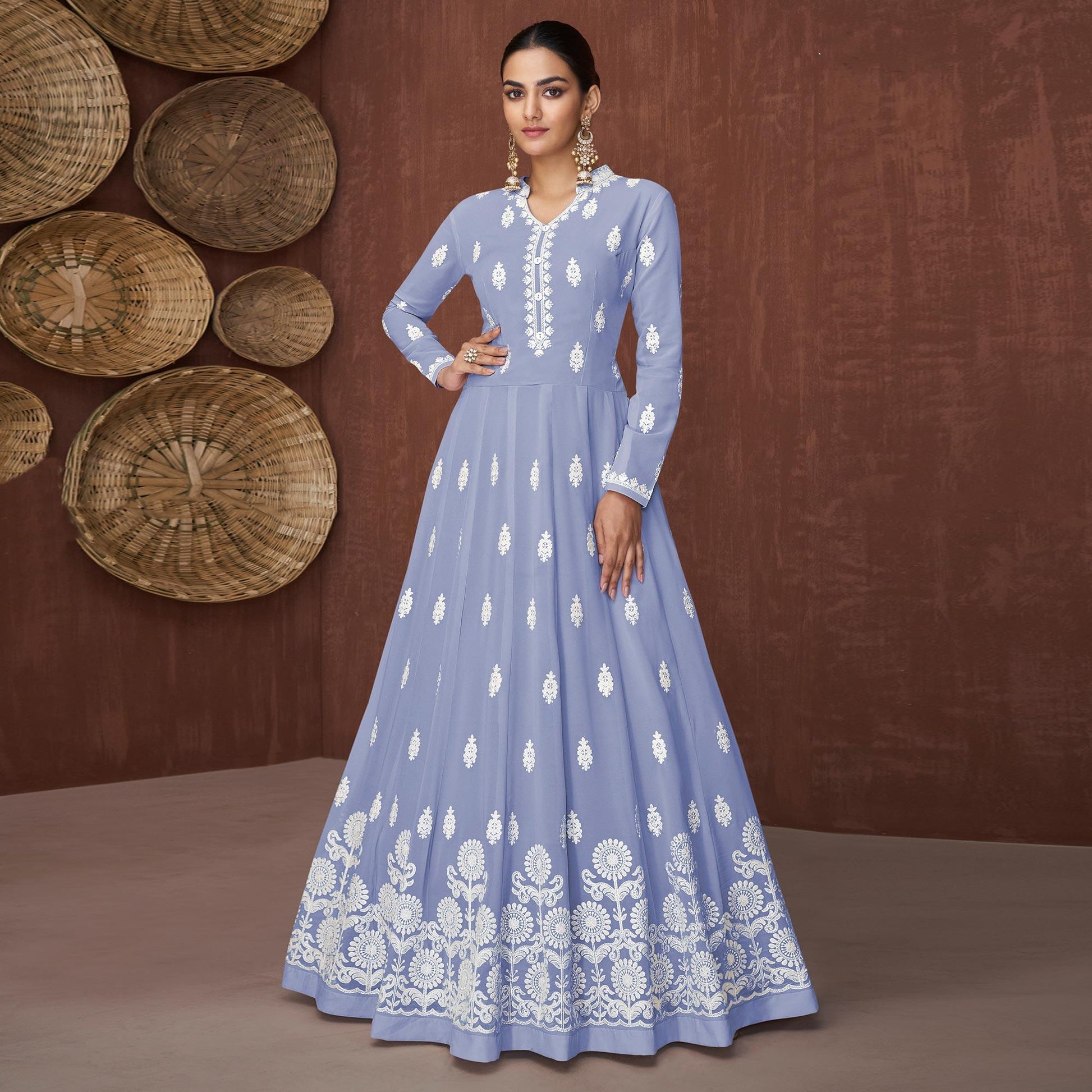 Light Purple Lucknowi Embroidered Rayon Gown