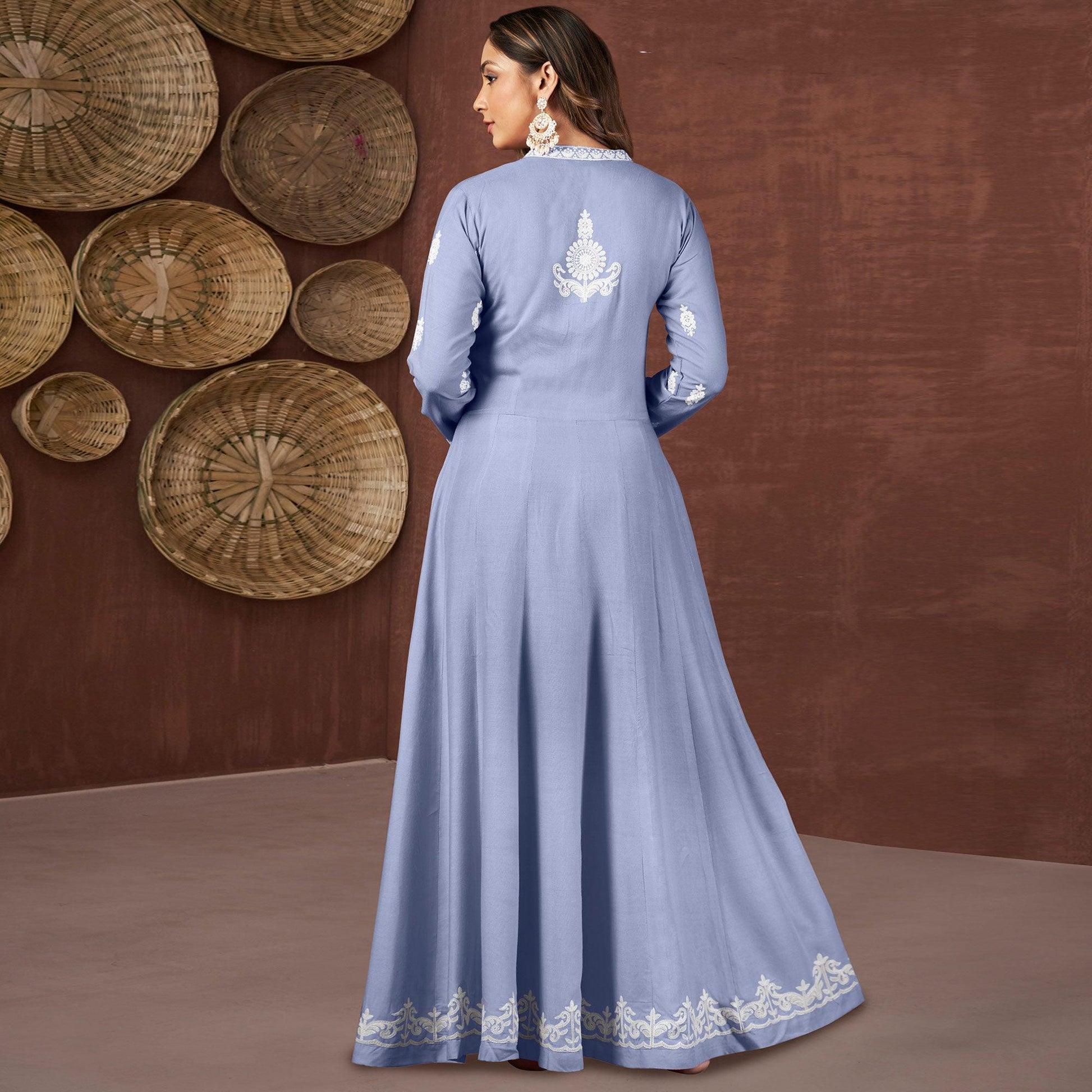 Light Purple Lucknowi Embroidered Rayon Gown