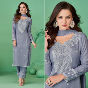 Light Purple Lucknowi Embroidered Rayon Kurti Pant Set With Dupatta