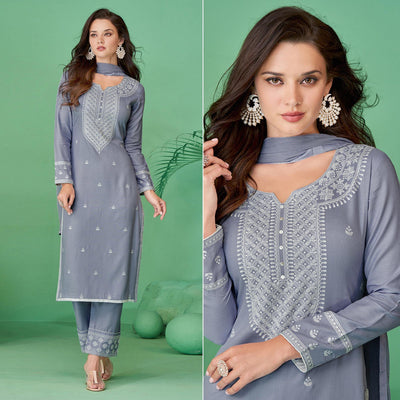 Light Purple Lucknowi Embroidered Rayon Kurti Pant Set With Dupatta