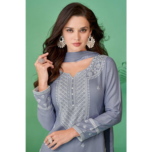 Light Purple Lucknowi Embroidered Rayon Kurti Pant Set With Dupatta