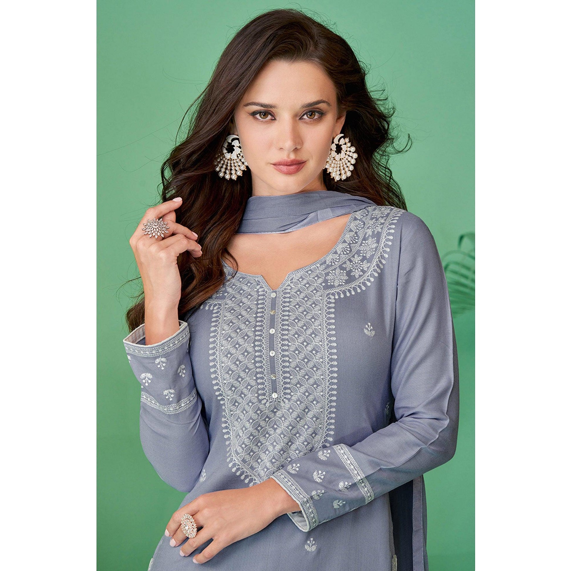 Light Purple Lucknowi Embroidered Rayon Kurti Pant Set With Dupatta