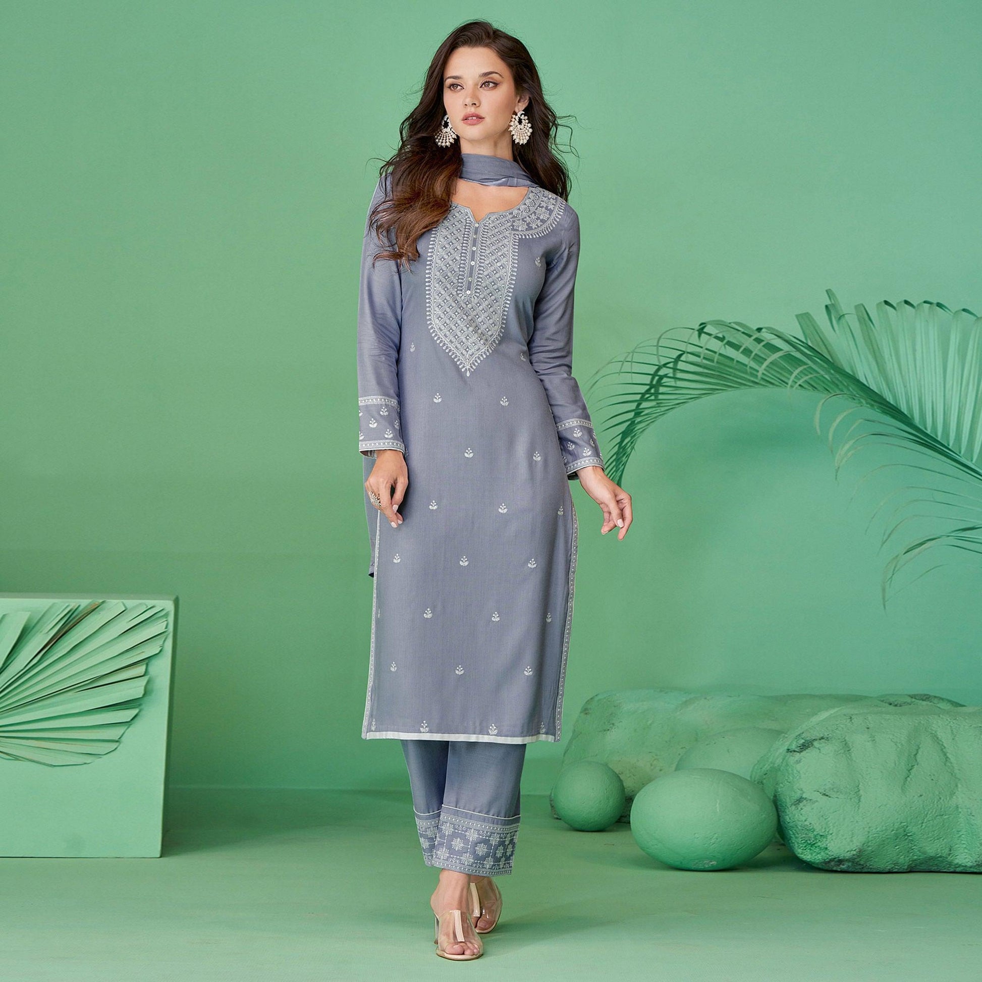 Light Purple Lucknowi Embroidered Rayon Kurti Pant Set With Dupatta