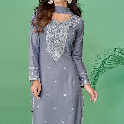 Light Purple Lucknowi Embroidered Rayon Kurti Pant Set With Dupatta