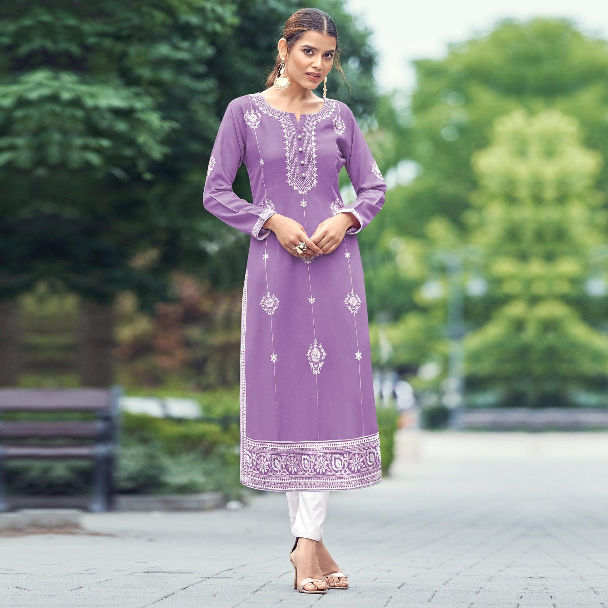 Light Purple Lucknowi Work Rayon Kurti