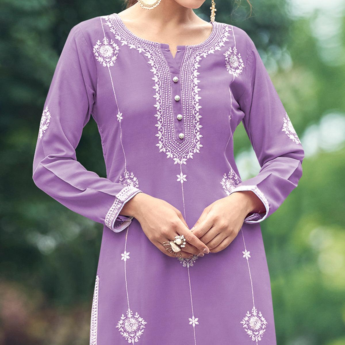 Light Purple Lucknowi Work Rayon Kurti