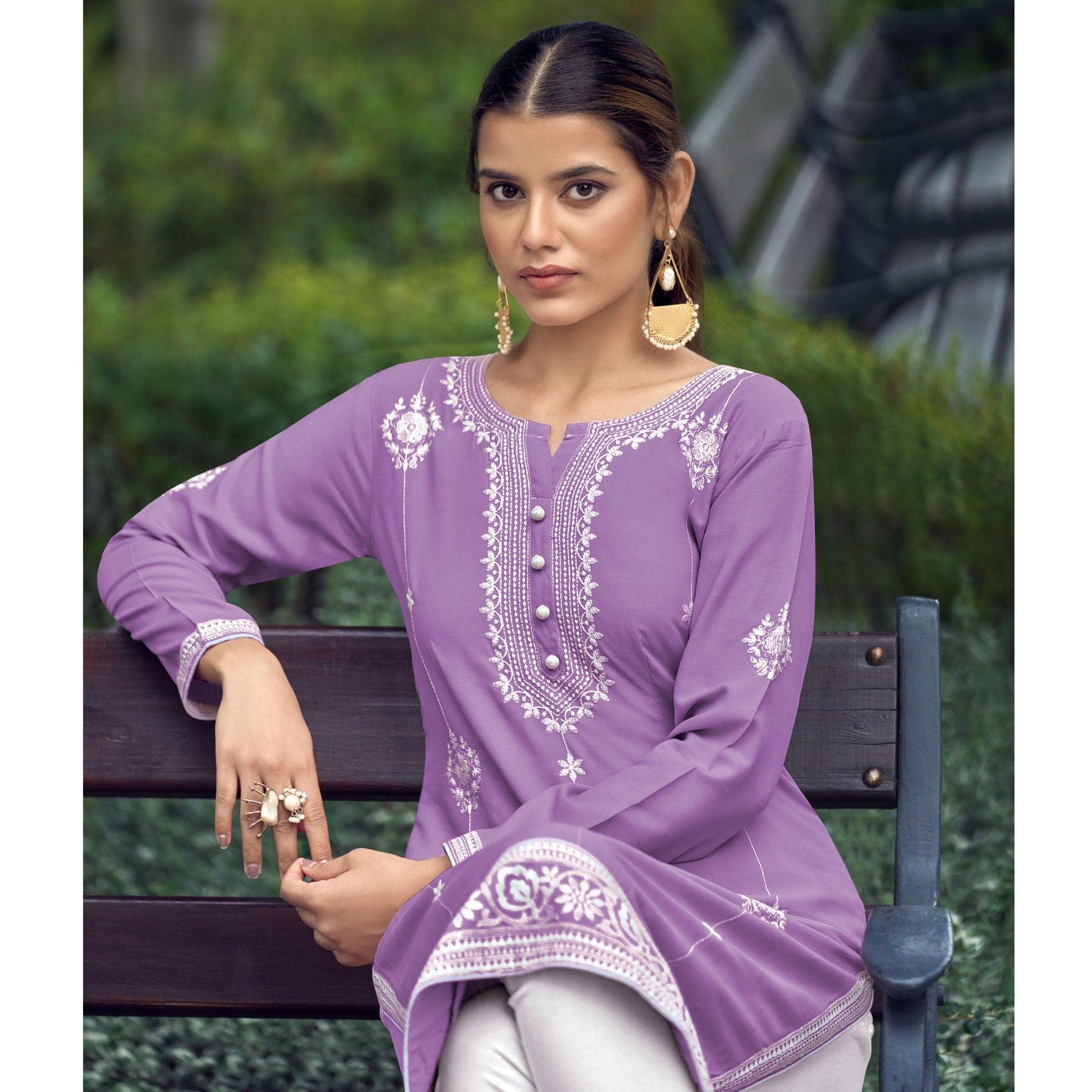 Light Purple Lucknowi Work Rayon Kurti
