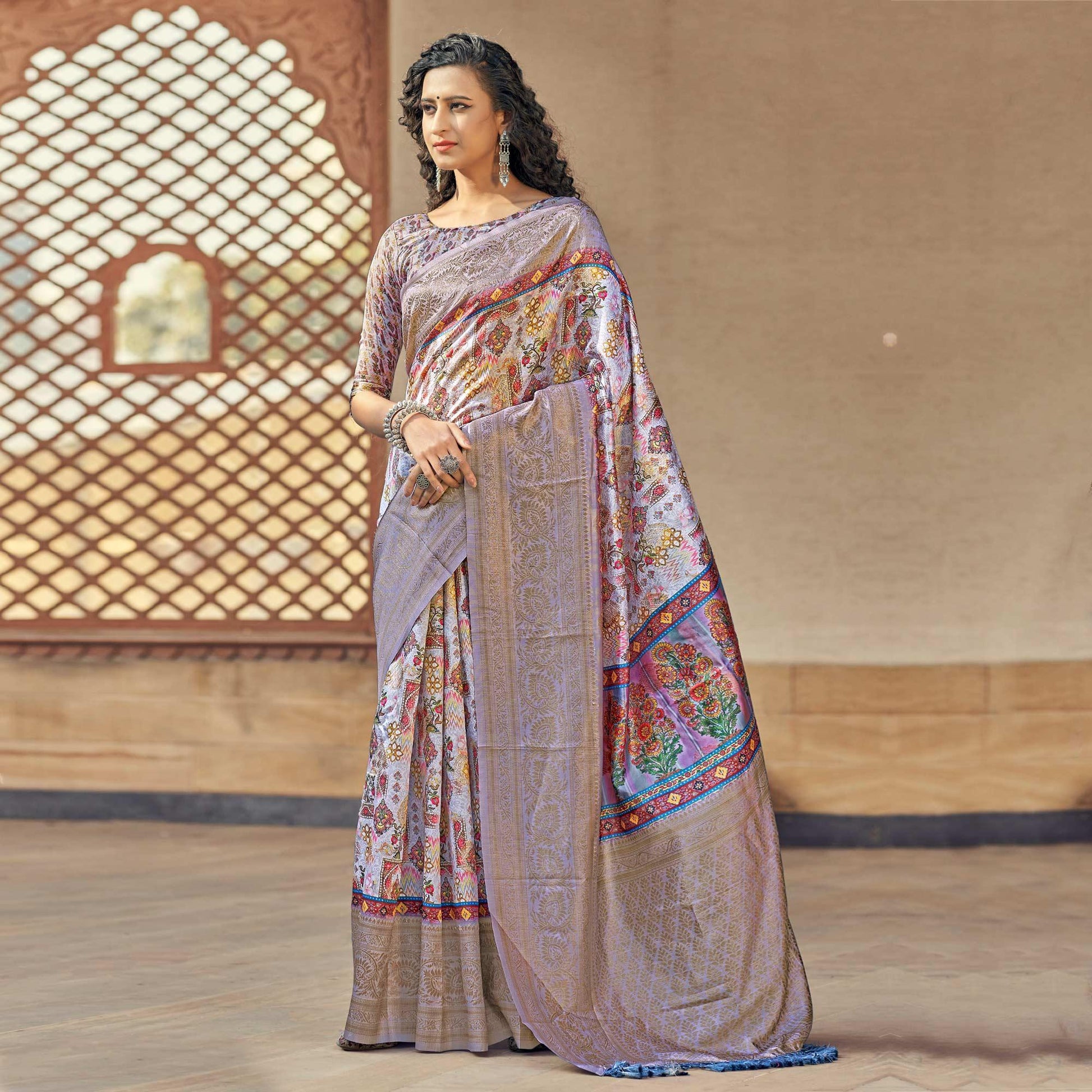 Light Purple Party Wear Digital Print Art Silk Saree With Tassels