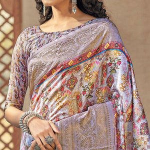 Light Purple Party Wear Digital Print Art Silk Saree With Tassels