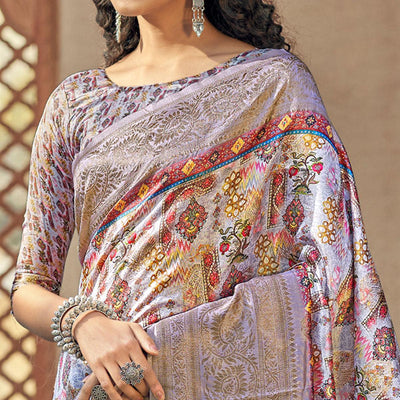 Light Purple Party Wear Digital Print Art Silk Saree With Tassels