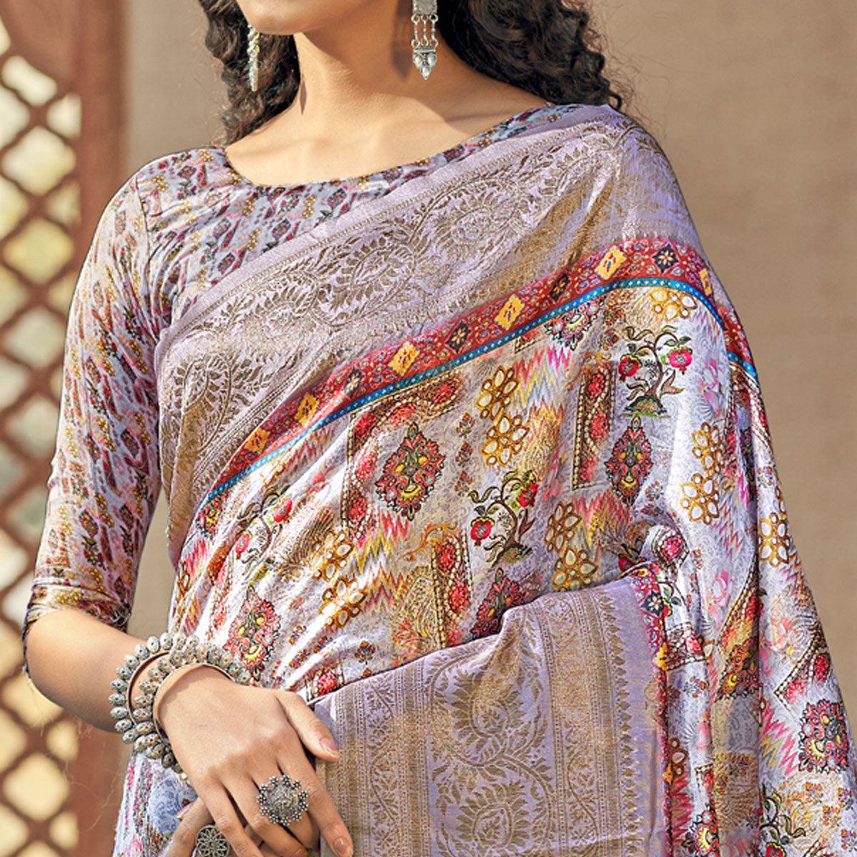 Light Purple Party Wear Digital Print Art Silk Saree With Tassels