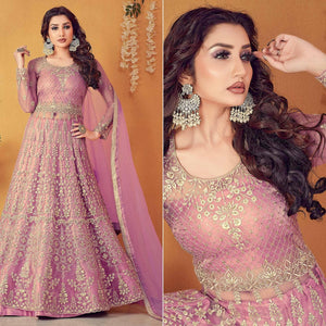 Light Purple Partywear Embroidered & Swarovski Soft Net Gown