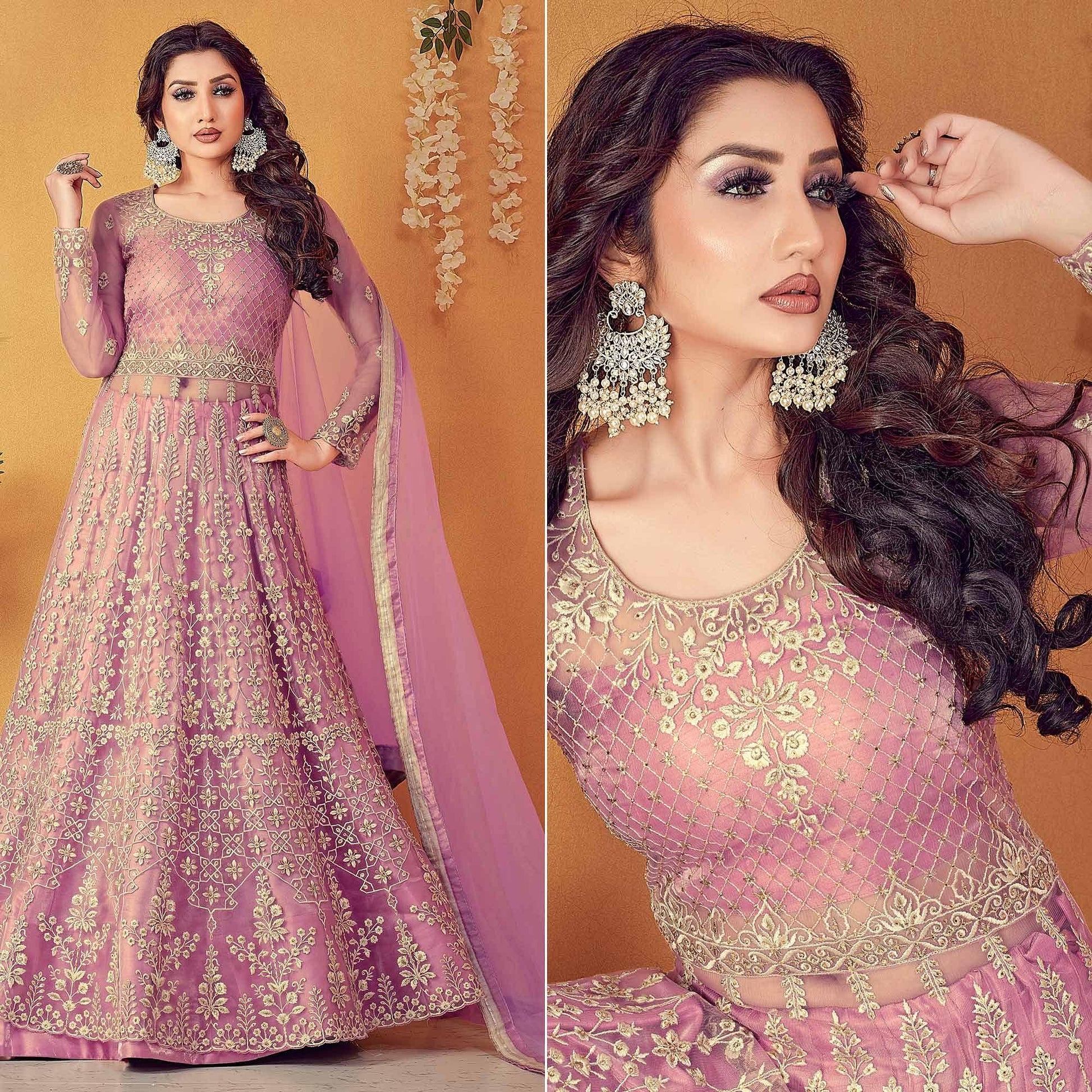 Light Purple Partywear Embroidered & Swarovski Soft Net Gown