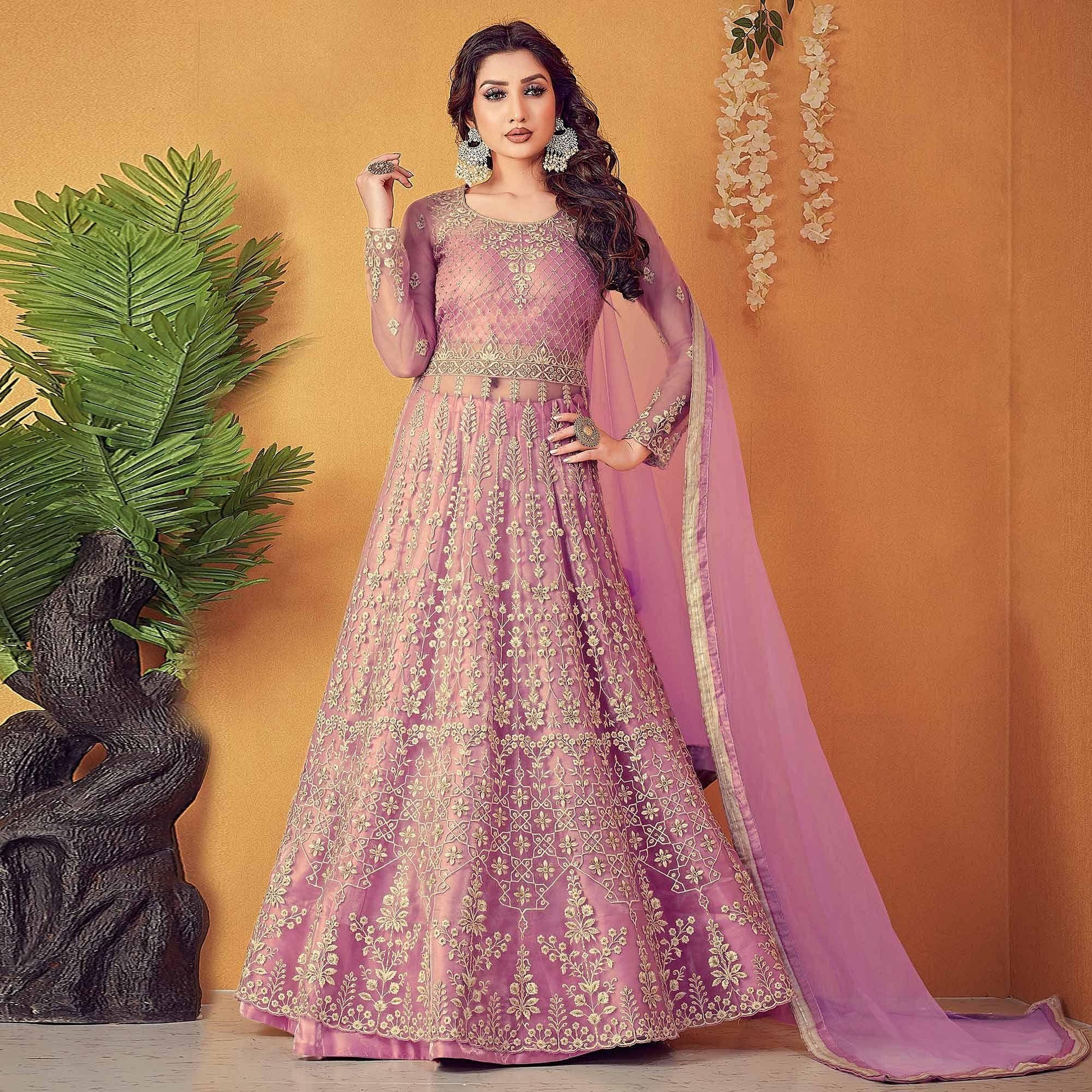 Light Purple Partywear Embroidered & Swarovski Soft Net Gown