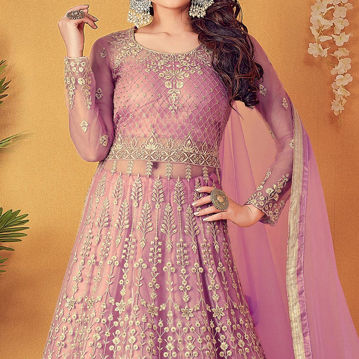 Light Purple Partywear Embroidered & Swarovski Soft Net Gown