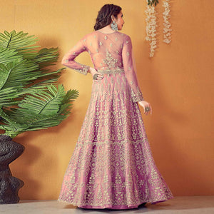 Light Purple Partywear Embroidered & Swarovski Soft Net Gown