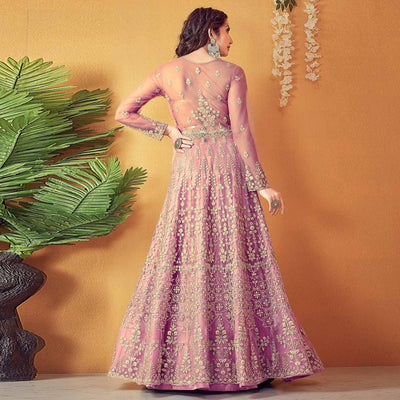 Light Purple Partywear Embroidered & Swarovski Soft Net Gown