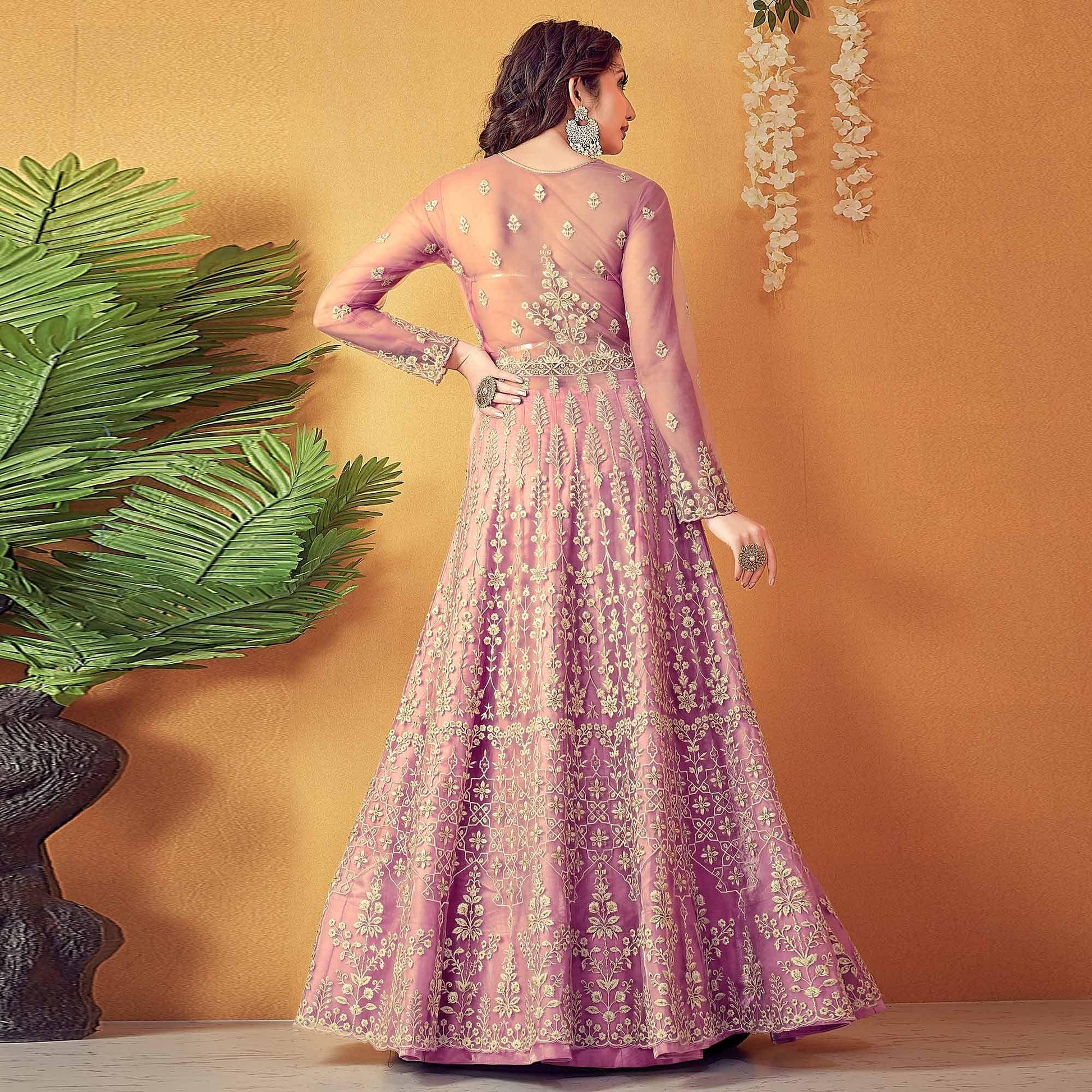 Light Purple Partywear Embroidered & Swarovski Soft Net Gown