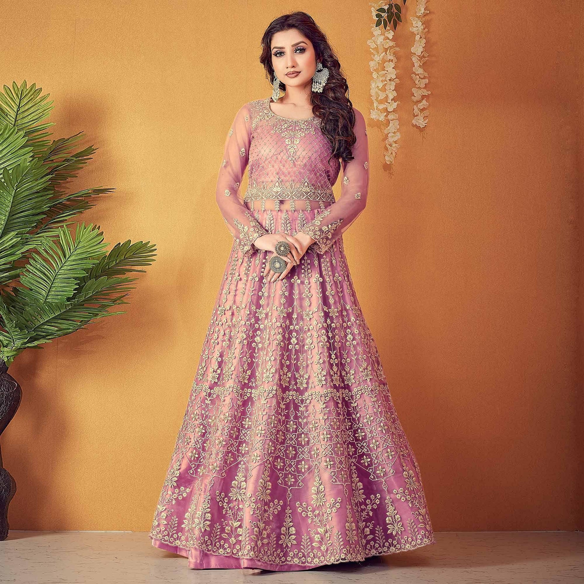 Light Purple Partywear Embroidered & Swarovski Soft Net Gown
