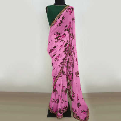 Light Purple Partywear Floral Printed Georgette Saree With Embroidered Lace