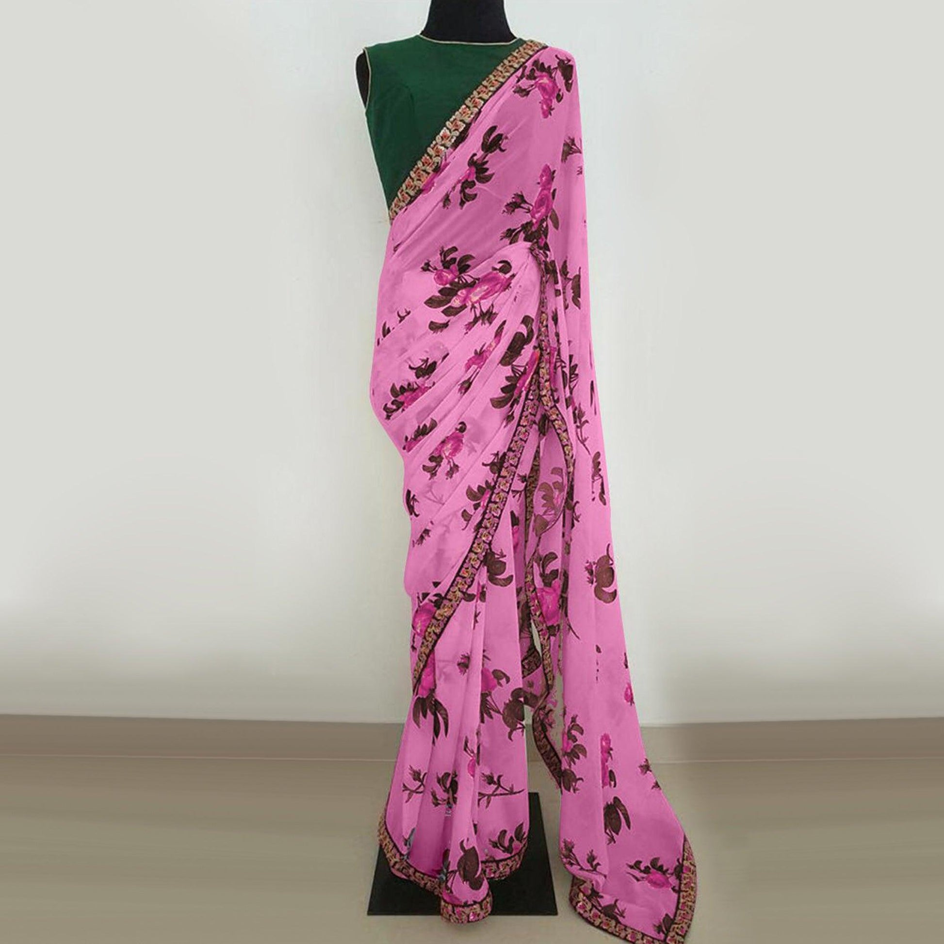 Light Purple Partywear Floral Printed Georgette Saree With Embroidered Lace