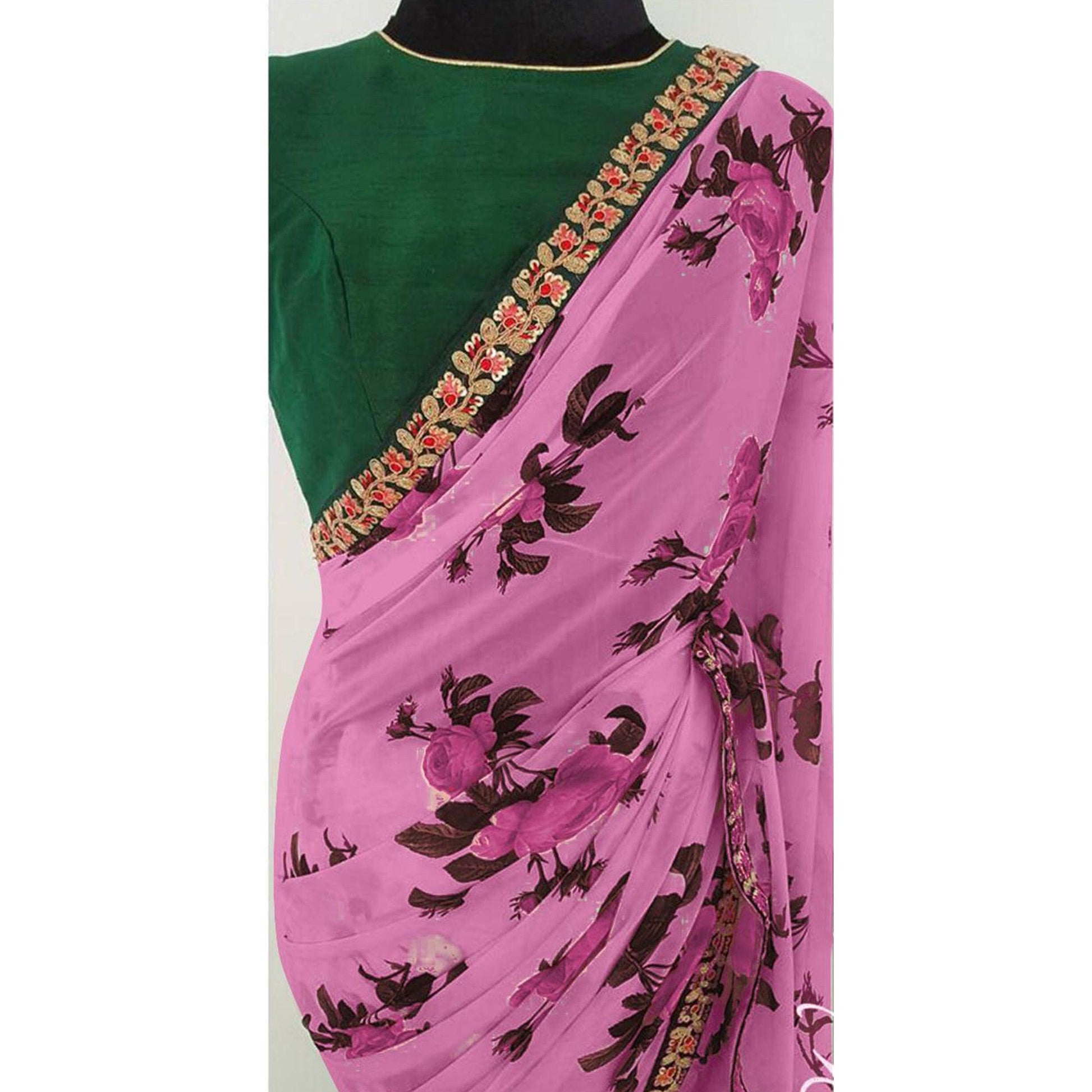 Light Purple Partywear Floral Printed Georgette Saree With Embroidered Lace