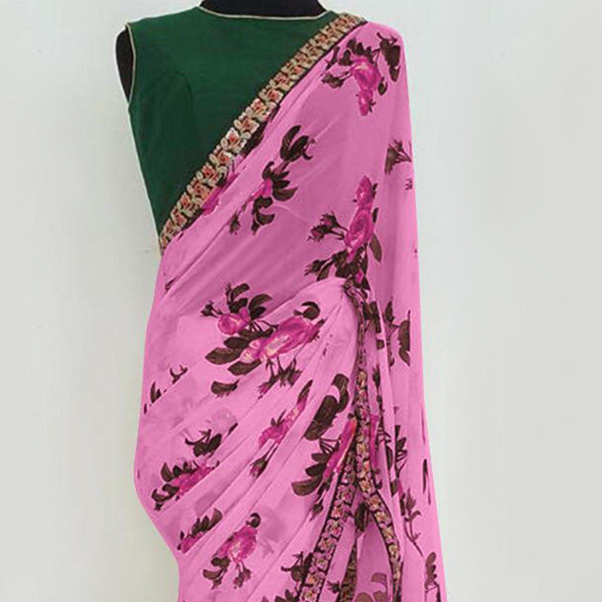 Light Purple Partywear Floral Printed Georgette Saree With Embroidered Lace