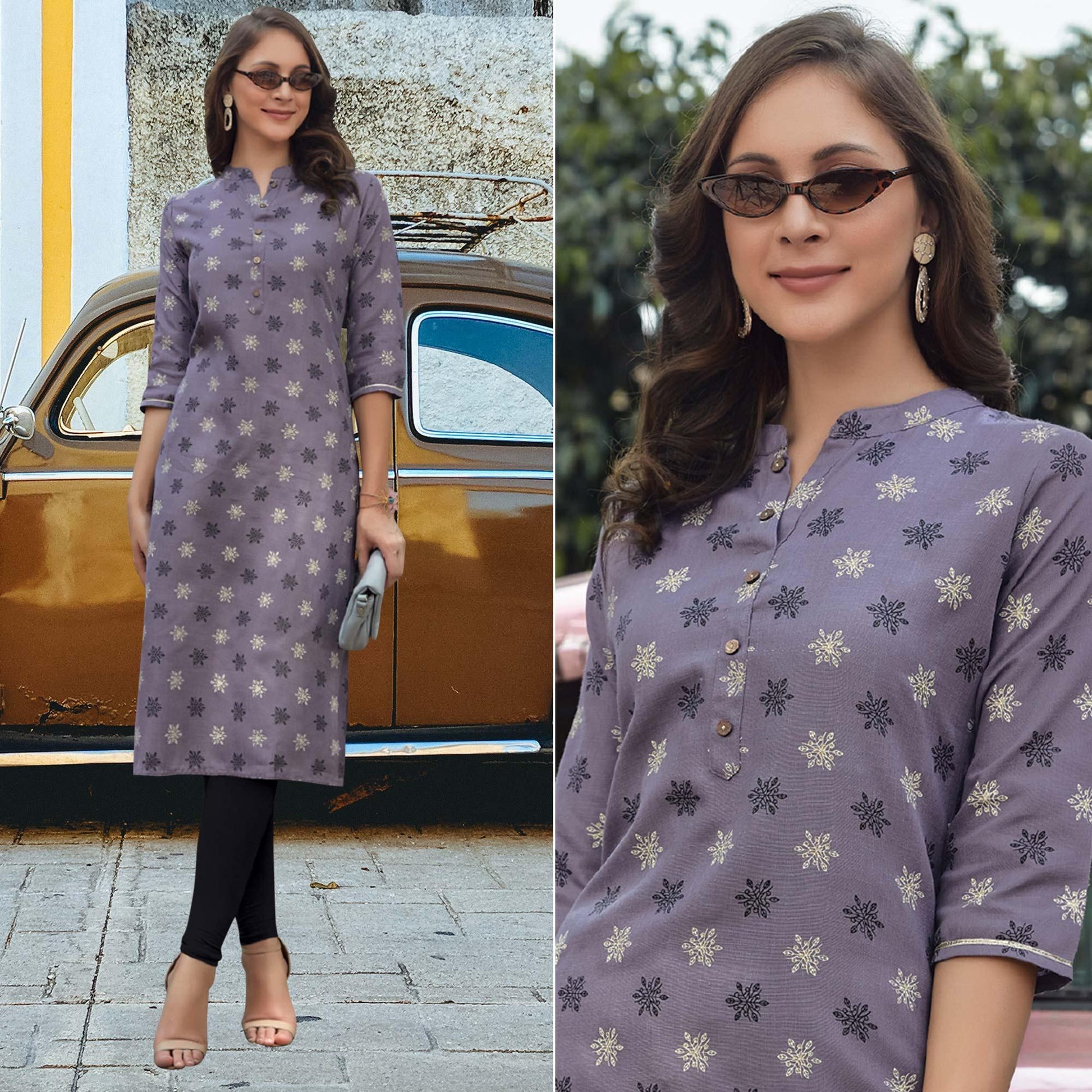 Light Purple Printed Cotton Blend Kurti