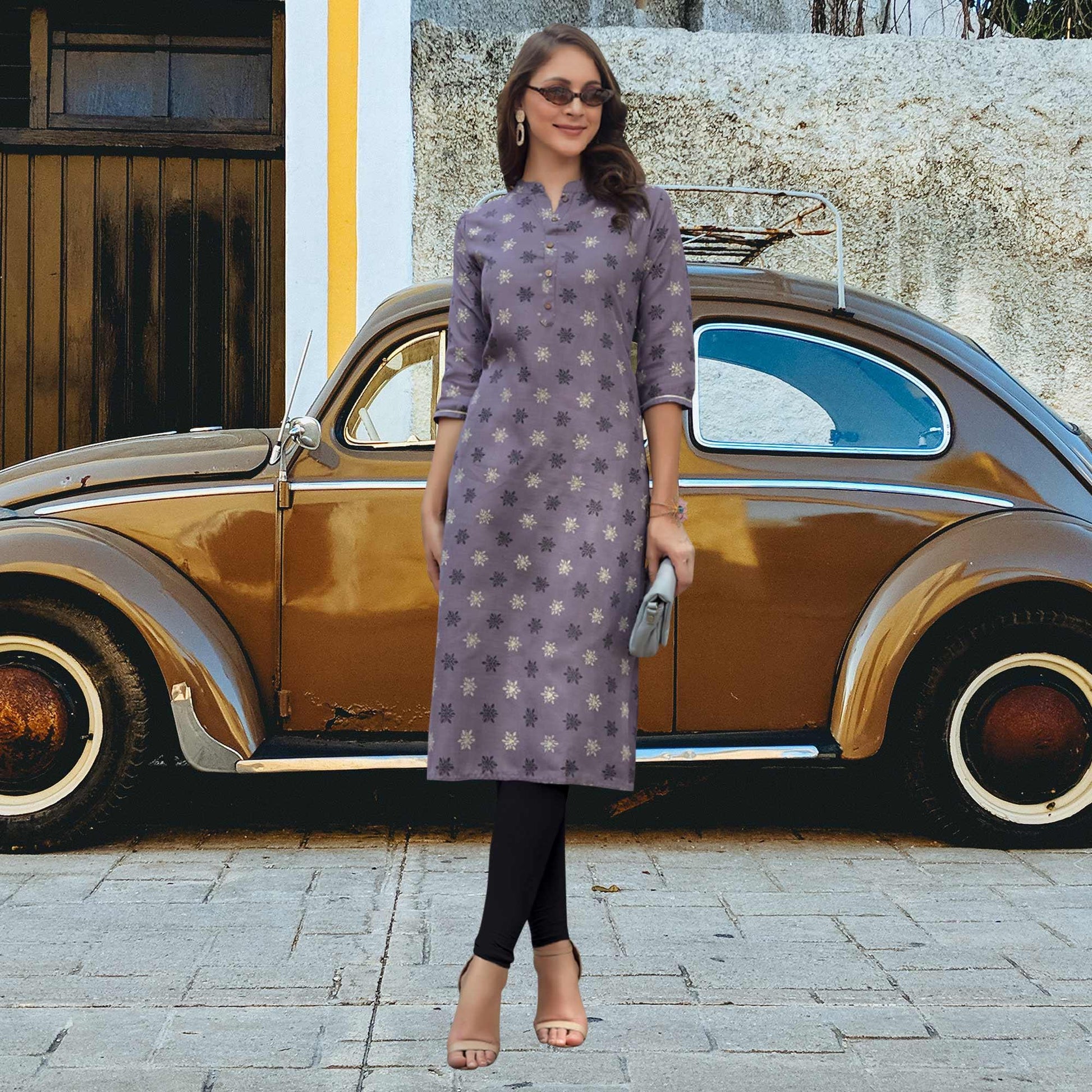 Light Purple Printed Cotton Blend Kurti