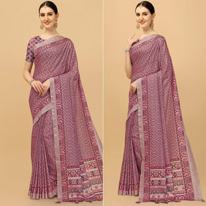 Light Purple Printed With Sequins Embroidered Cotton Silk Saree
