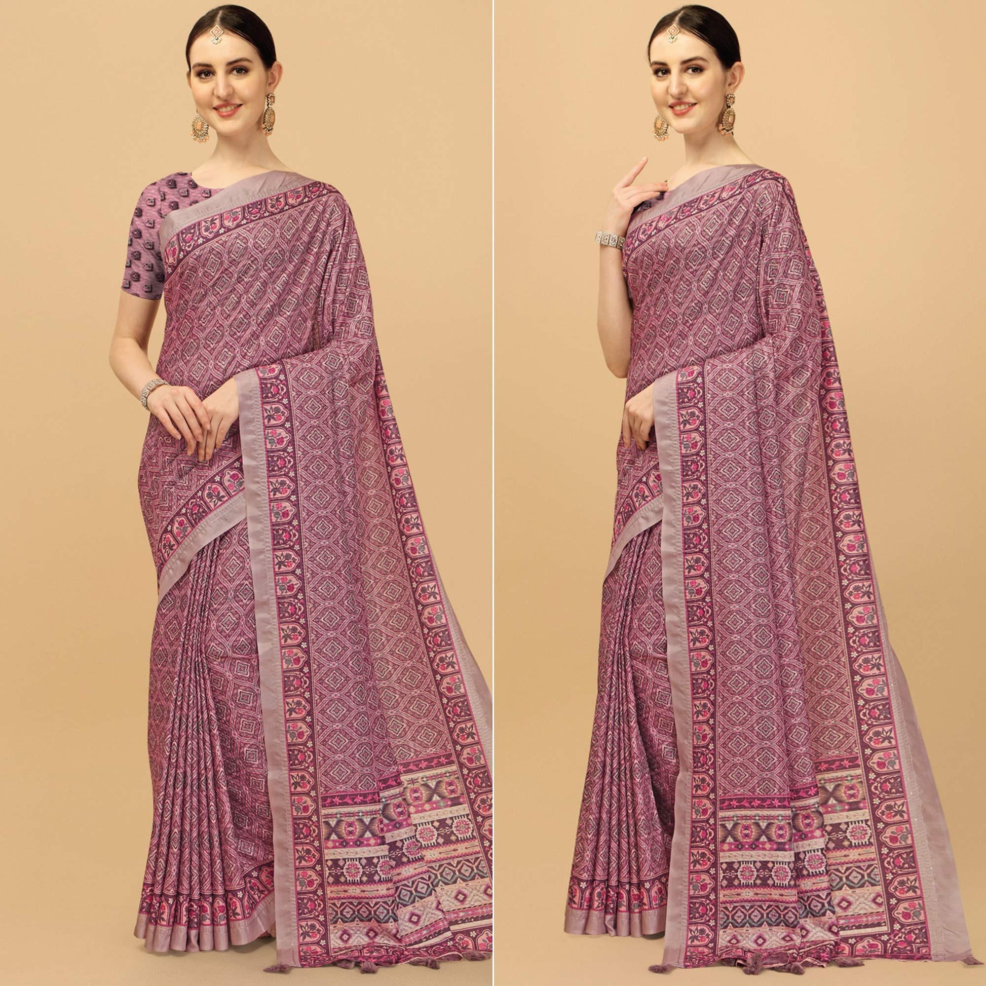 Light Purple Printed With Sequins Embroidered Cotton Silk Saree