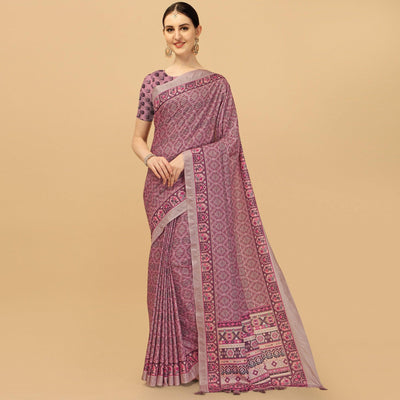 Light Purple Printed With Sequins Embroidered Cotton Silk Saree